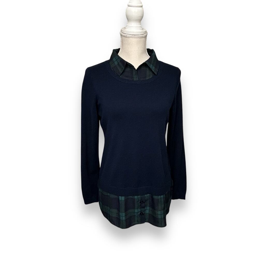 Adrianna Papell Black Crew Neck with Plaid Undershirt Attached XS?